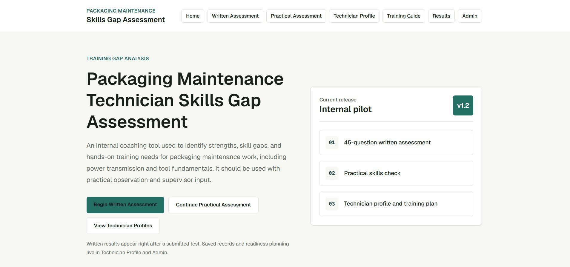 Packaging Maintenance Skills Gap Assessment landing screen